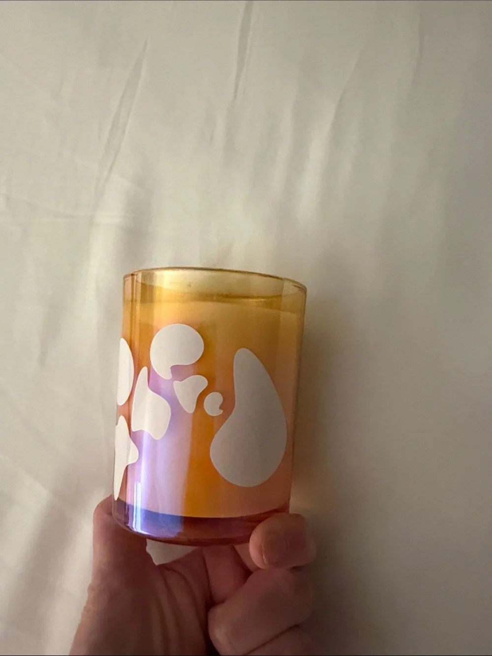 Decorative Orange Glass Candle with White Pattern - Home Accents